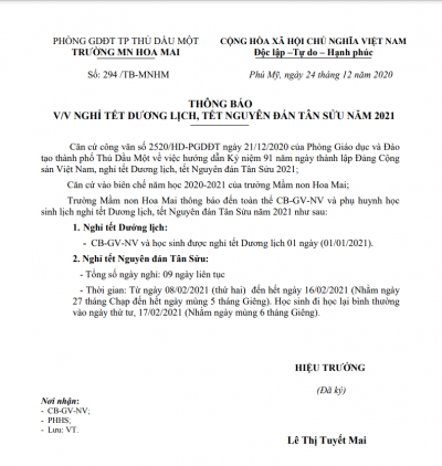 THÔNG BÁO    V/V NGHỈ TẾT DƯƠNG LỊCH, TẾT NGUYÊN ĐÁN TÂN SỬU NĂM 2021