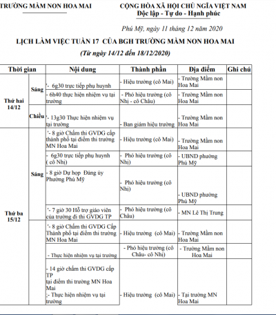 LỊCH LÀM VIỆC MẦM NON HOA MAI