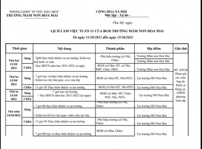 LỊCH LÀM VIỆC TUẦN 11 CỦA BGH TRƯỜNG MẦM NON HOA MAI