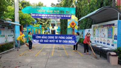 Trường MN Hoa Mai Tổng vệ sinh môi trường truyền thông, phòng chống dịch bệnh Sốt xuất huyết và tay chân miệng cho công tác hoạt động hè và chuẩn bị cho năm học mới 2023-2024.