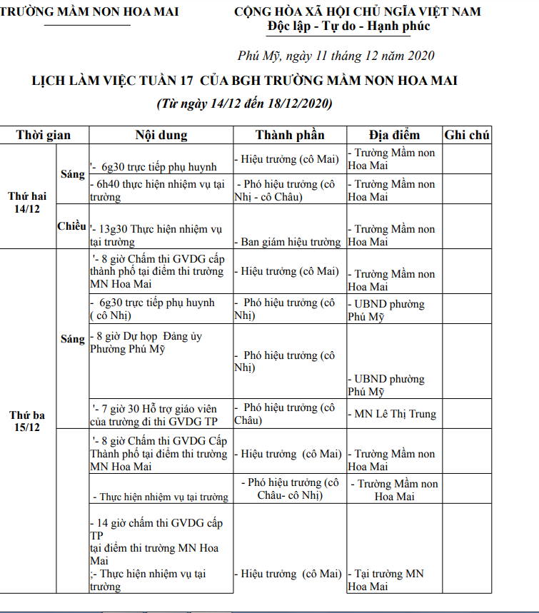 LỊCH LÀM VIỆC MẦM NON HOA MAI