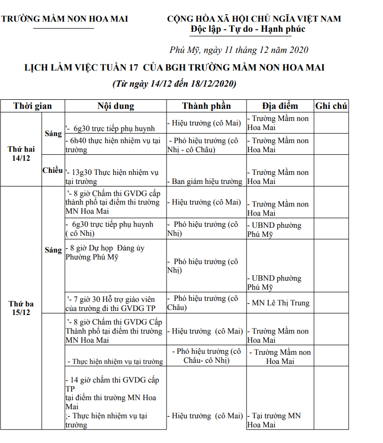 LỊCH LÀM VIỆC MẦM NON HOA MAI