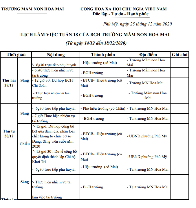 LỊCH LÀM VIỆC MẦM NON HOA MAI