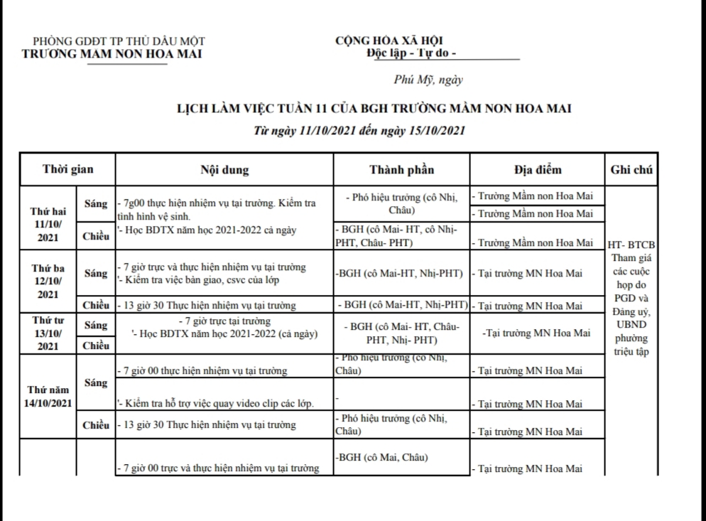 LỊCH LÀM VIỆC TUẦN 11 CỦA BGH TRƯỜNG MẦM NON HOA MAI