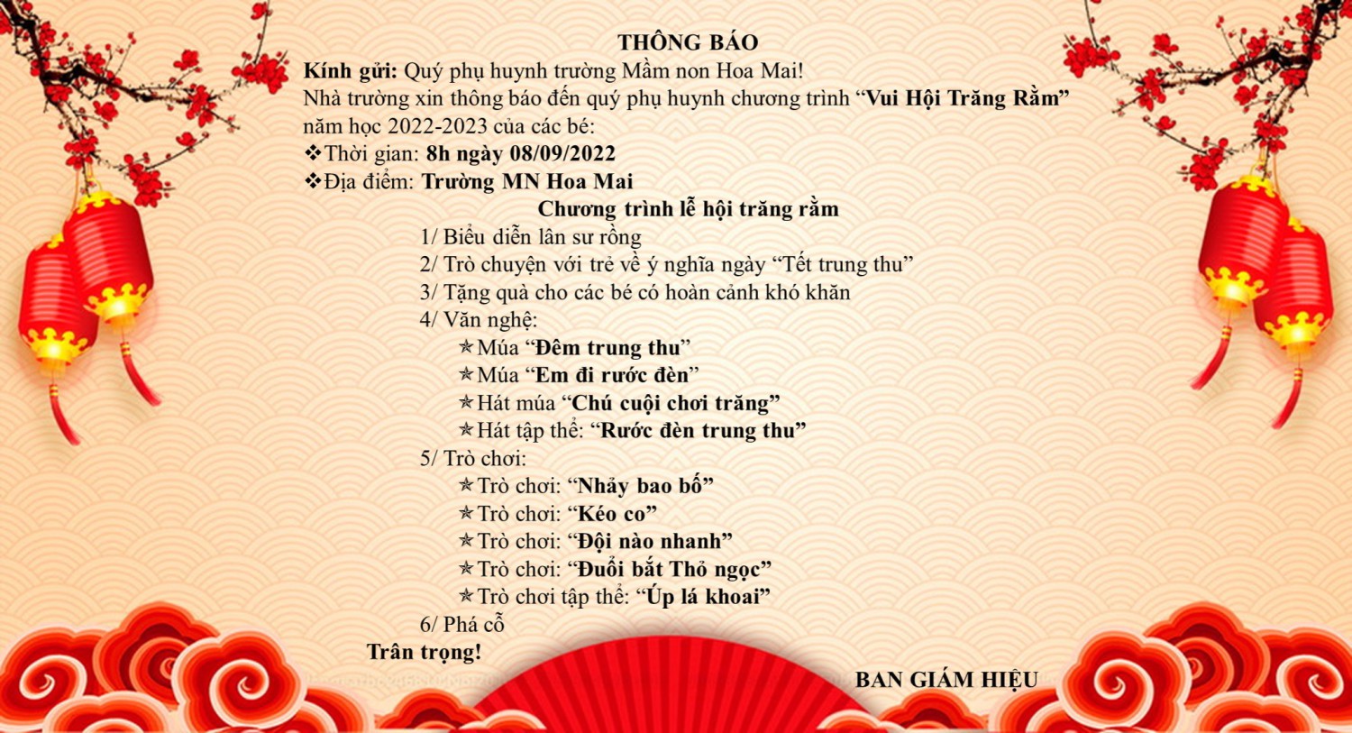 Trường MN Hoa Mai thông báo đến quý phụ huynh chương trình tổ chức “Vui hội trăng rằm” cho các bé