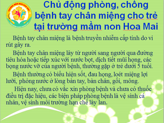 Chủ Động Phòng Chống Tay Chân Miệng Cho Trẻ Tại Trường Mầm Non Hoa Mai