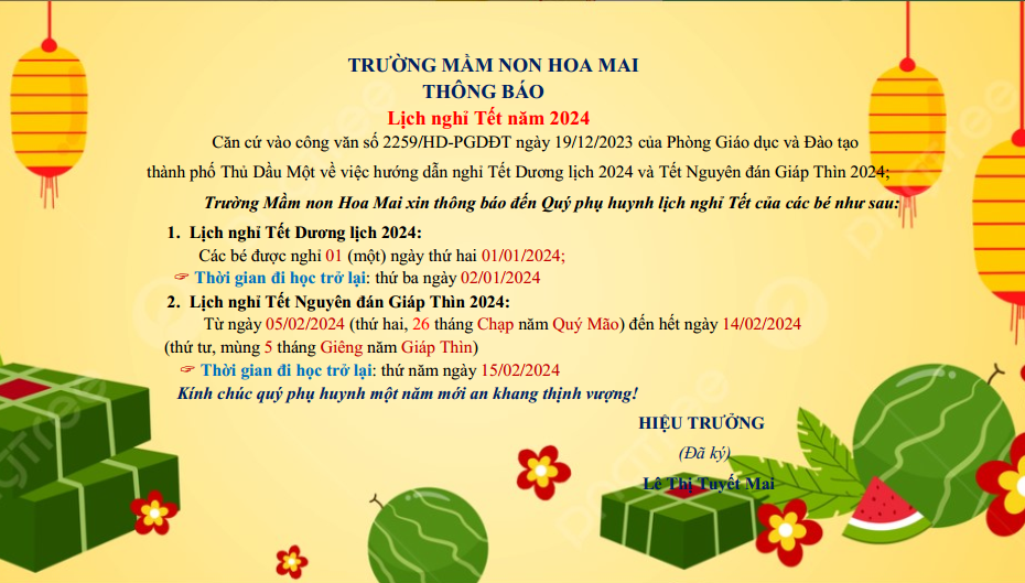 Thông báo lịch nghỉ Tết năm 2024