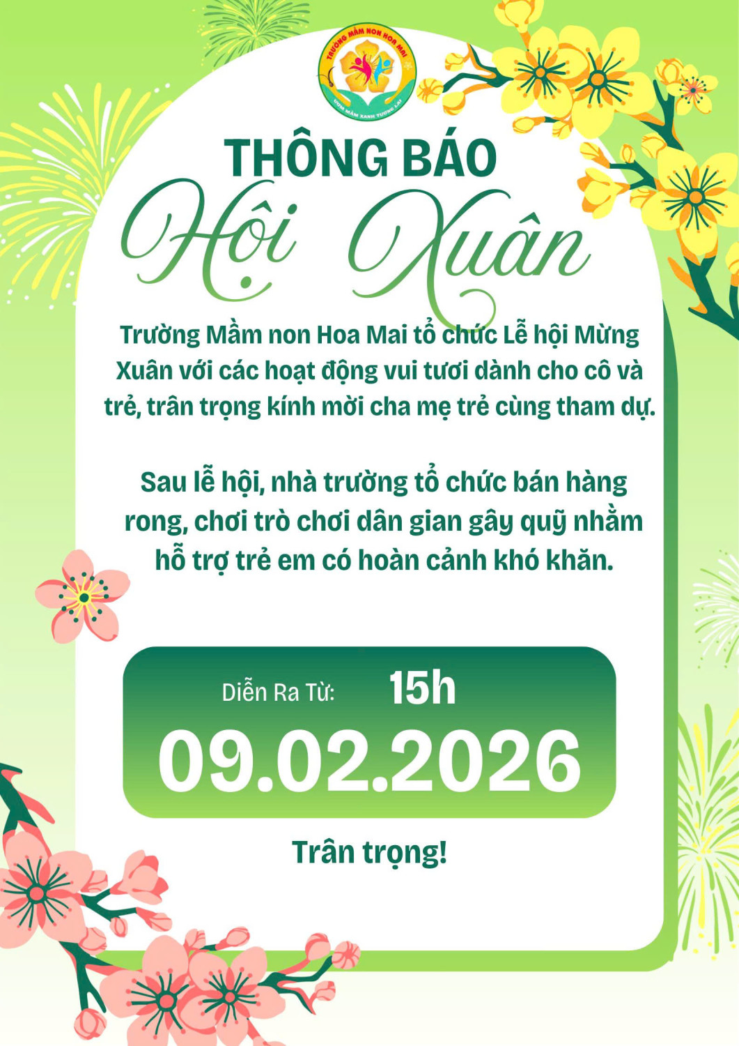 THÔNG BÁO LỄ HỘI MỪNG XUÂN TẠI TRƯỜNG MẦM NON HOA MAI