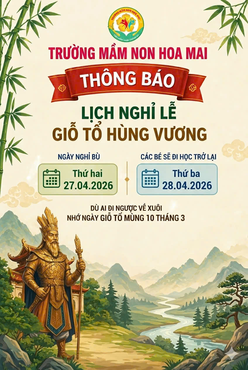 TRƯỜNG MN HOA MAI THÔNG BÁO VỀ VIỆC NGHỈ LỄ "GIỖ TỔ HÙNG VƯƠNG MÙNG 10 THÁNG 03"