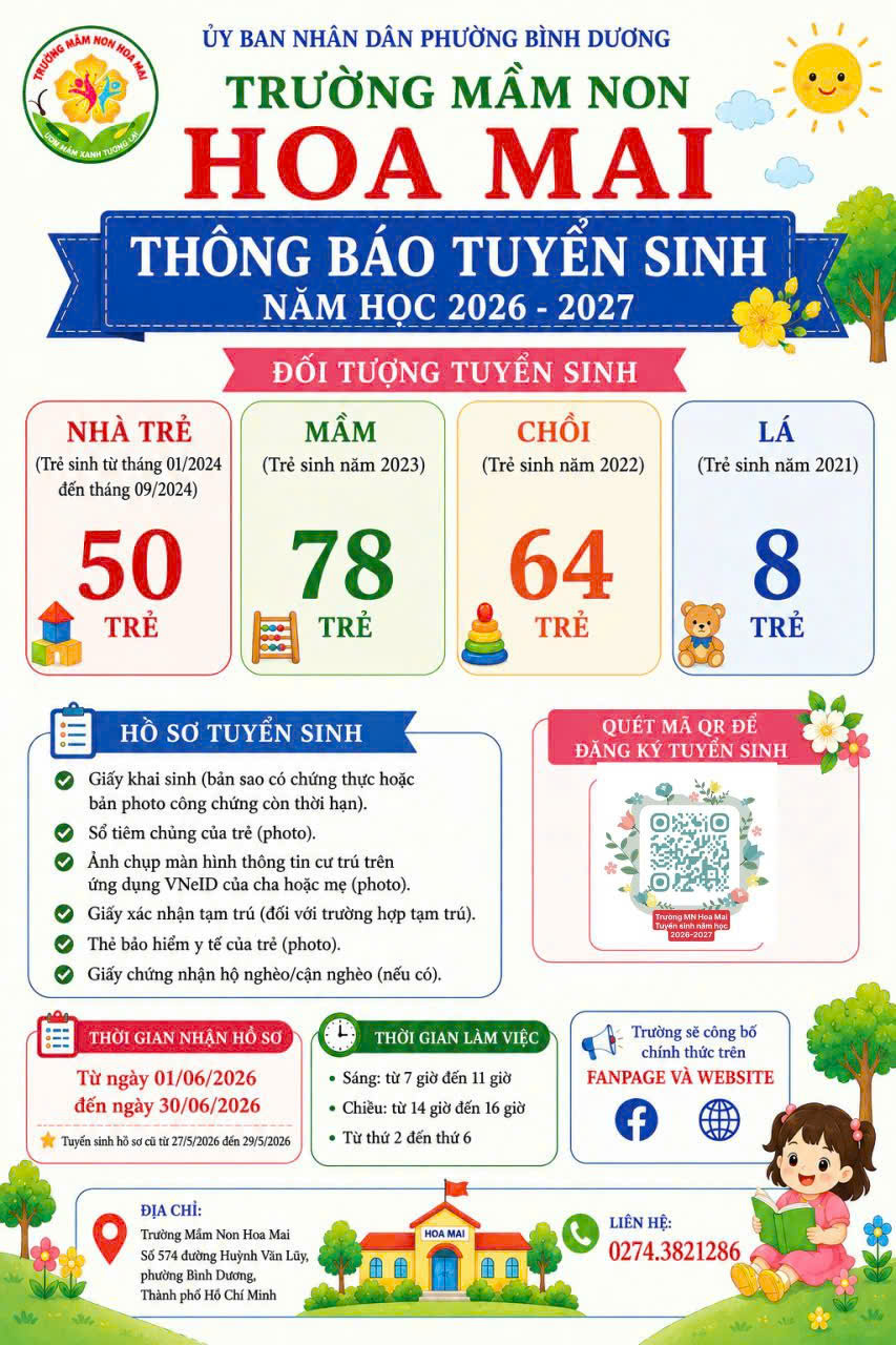 TRƯỜNG MẦM NON HOA MAI THÔNG BÁO TUYỂN SINH NĂM HỌC 2026 – 2027.