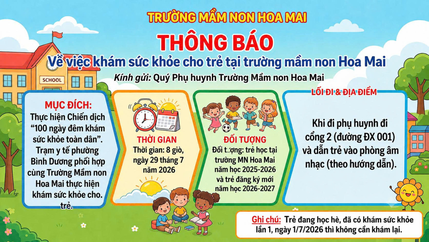 THÔNG BÁO VỀ VIỆC KHÁM SỨC KHỎE CHO TRẺ TẠI TRƯỜNG MẦM NON HOA MAI