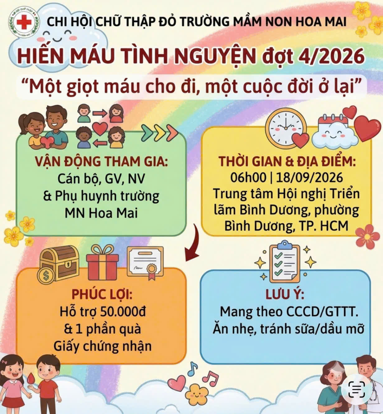 Chi hội Chữ thập đỏ Trường Mầm non Hoa Mai trân trọng kêu gọi toàn thể cán bộ, giáo viên, nhân viên và các bậc phụ huynh tích cực tham gia chương trình Hiến máu tình nguyện đợt 4 năm 2026.